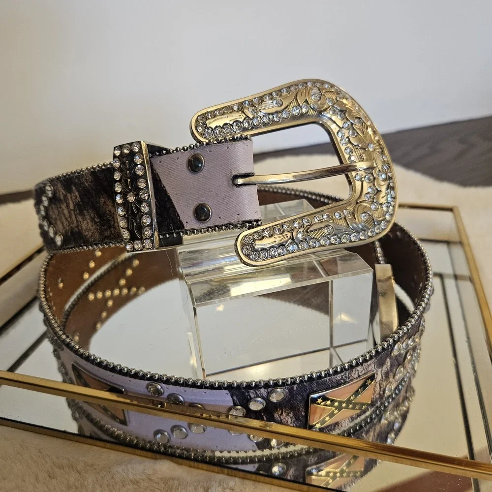 Vintage Nocona Pink Camo Rhinestone Western Leather Belt Womens L 38